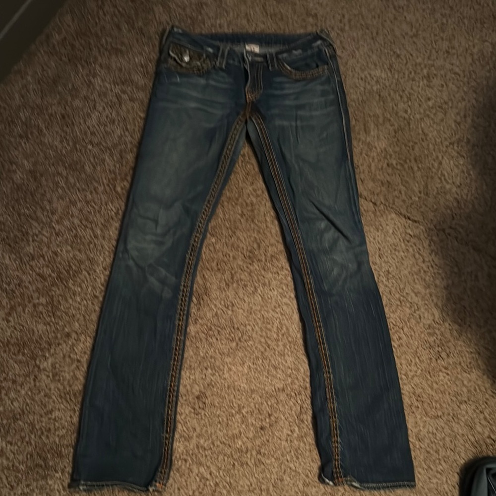 True Religion Blue Jeans with Textured Denim and Faded Details